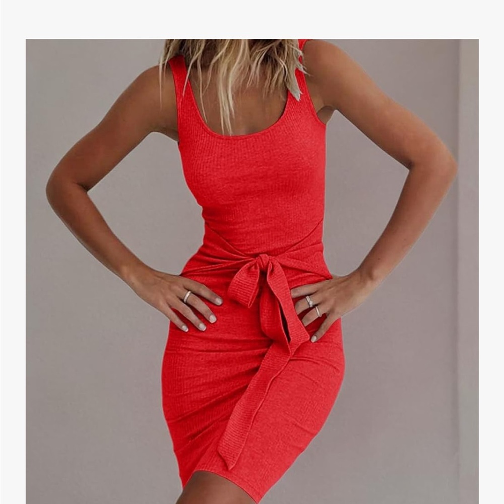 NEW Casual Red Ribbed Tank Midi Dress with Tie Front Belt (XL) Fitted & Slimming